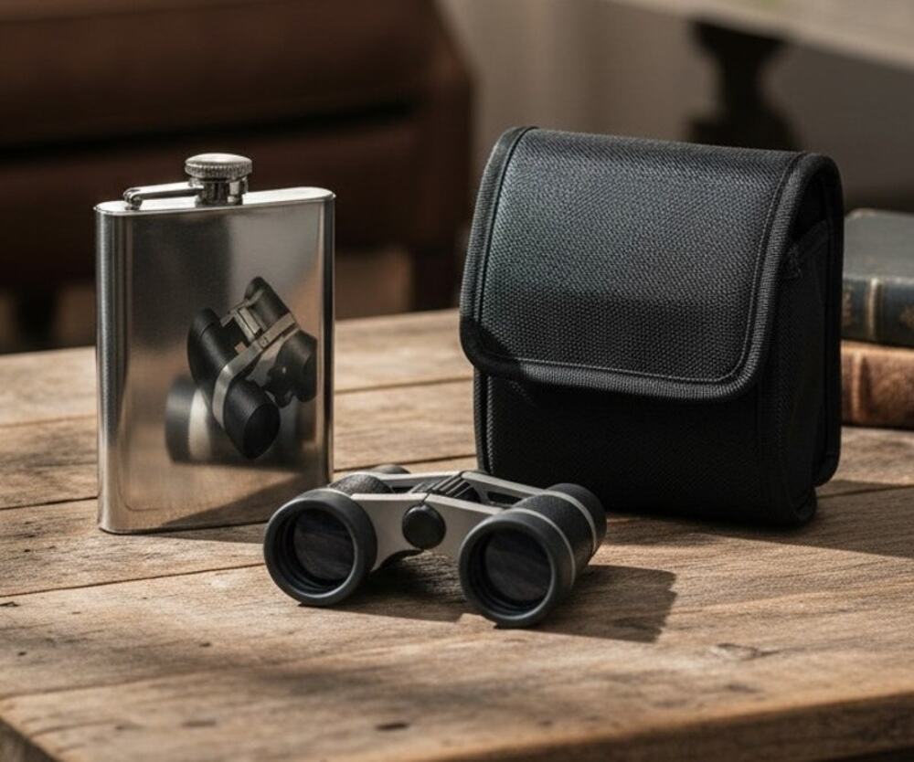 Stadium Pack Stainless Steel Flask With Binoculars and Canvas Carrying Case